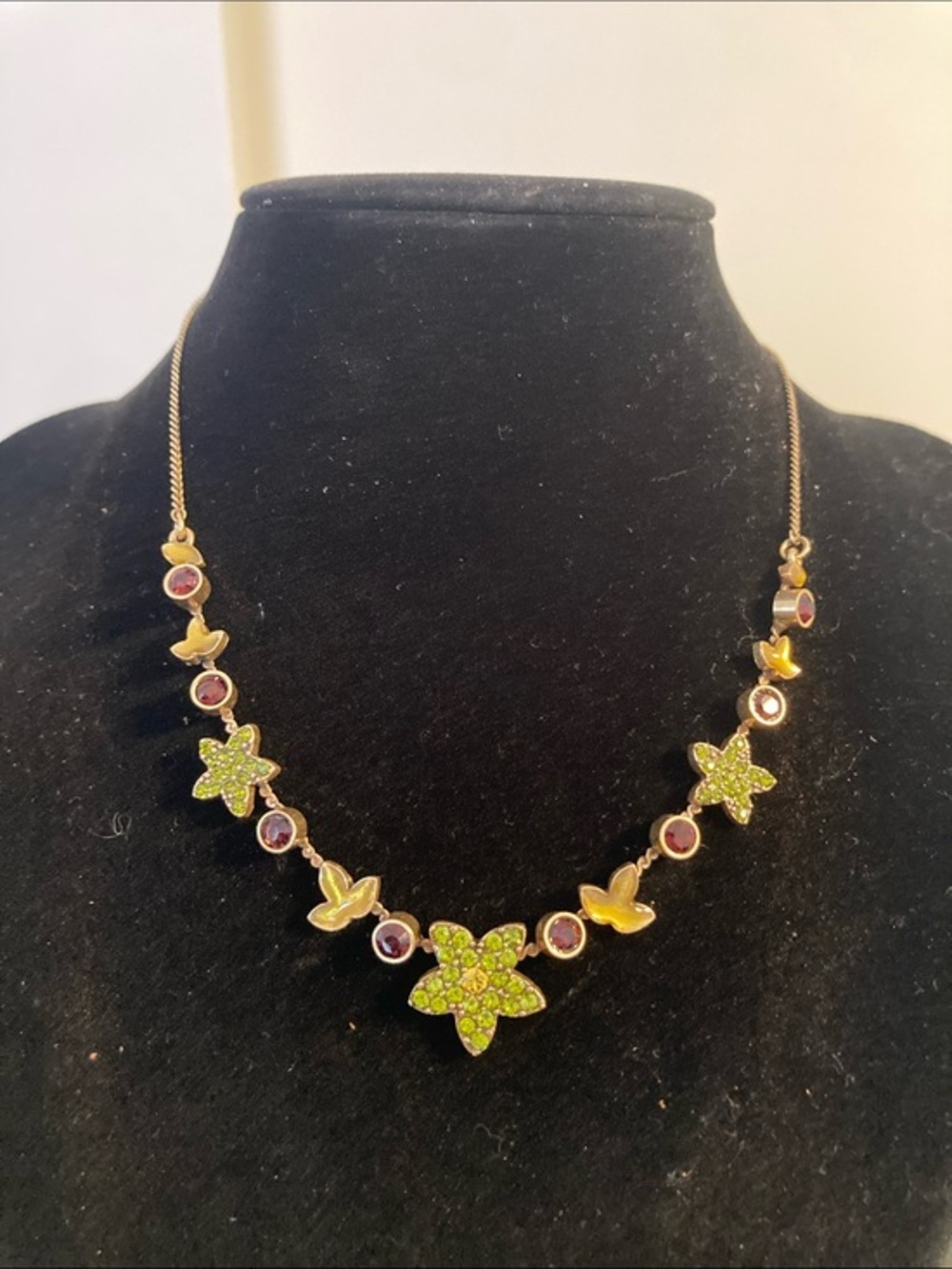 Pilgrim Gold Tone Necklace with Green Crystal Flowers & Purple Accent Stones
